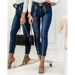 O-Ring Zipper Decor Skinny Jeans