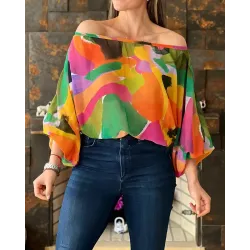 Off Shoulder Allover Print Lantern Sleeve Top