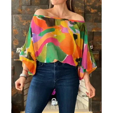 Off Shoulder Allover Print Lantern Sleeve Top