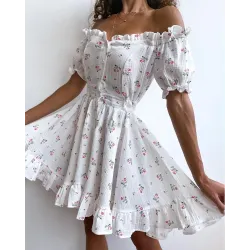 Off Shoulder Frill Hem Ditsy Floral Print Dress