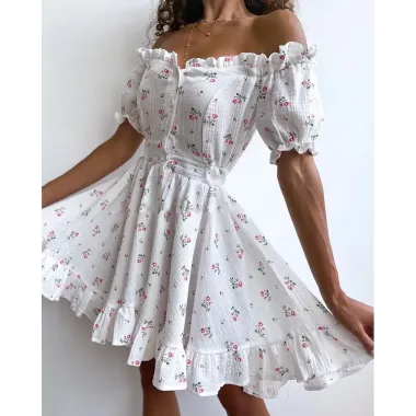 Off Shoulder Frill Hem Ditsy Floral Print Dress