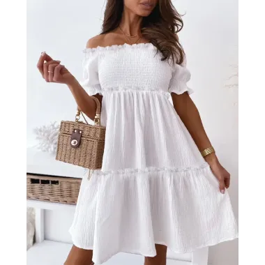 Off Shoulder Frill Hem Shirred Flowy Swing Dress