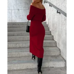 Off Shoulder Long Sleeve Slit Midi Dress