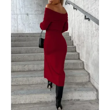 Off Shoulder Long Sleeve Slit Midi Dress