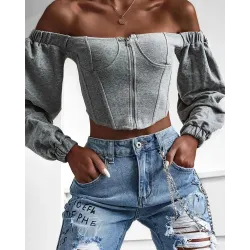 Off Shoulder Zipper Front Corset Crop Top