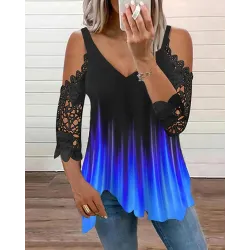 Ombre Contrast Lace Cold Shoulder Top