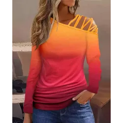 Ombre Long Sleeve Cold Shoulder Casual Top