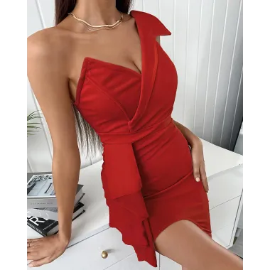 One Shoulder Ruffle Hem Bodycon Dress