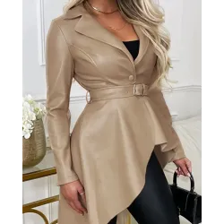 PU Leather Asymmetrical Dip Hem Jacket