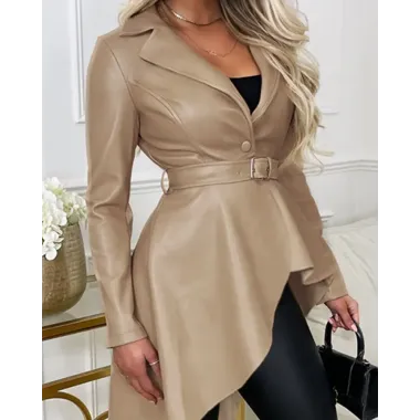 PU Leather Asymmetrical Dip Hem Jacket