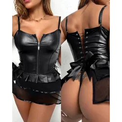 PU Leather Contrast Mesh Eyelet Lace-up Bustier Set With Gloves