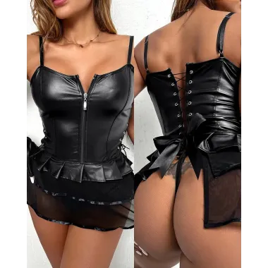 PU Leather Contrast Mesh Eyelet Lace-up Bustier Set With Gloves