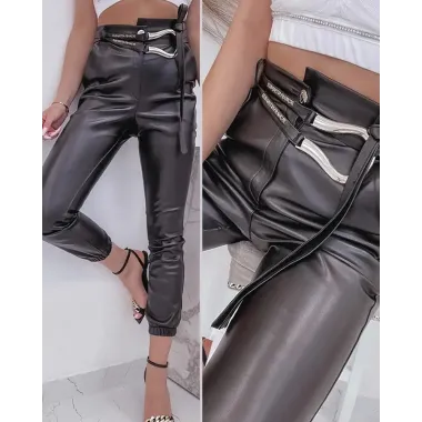 PU Leather High Waist Belted Cuffed Pants