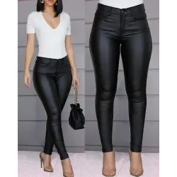 PU Leather High Waist Single Button Pants