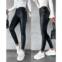 PU Leather Side Button Skinny Pants