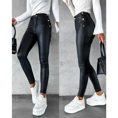 PU Leather Side Button Skinny Pants