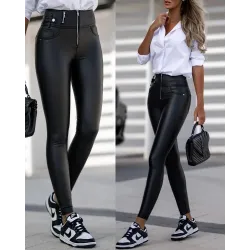 PU Leather Zip Fly High Waist Skinny Pants