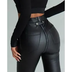 PU Leather Zipper Pocket Design Skinny Pants