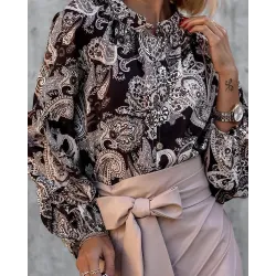 Paisley Print Button Front Long Sleeve Top