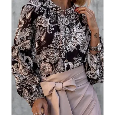 Paisley Print Button Front Long Sleeve Top