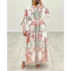 Paisley Print Buttoned Lantern Sleeve Maxi Shirt Dress