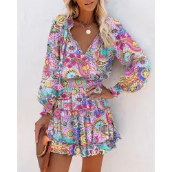 Paisley Print Ruffle Hem Shirred Waist Casual Dress