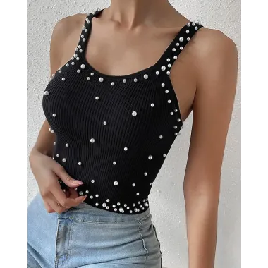 Pearls Decor Thick Strap Knit Tank Top