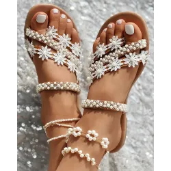 Pearls Floral Pattern Toe Post Flip Flops