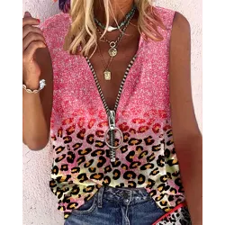 Pink Contrast Leopard Print Zipper Front Casual Tank Top