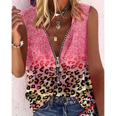 Pink Contrast Leopard Print Zipper Front Casual Tank Top