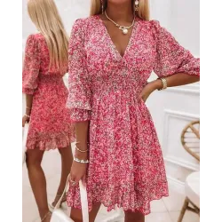 Pink Ditsy Floral Print Lantern Sleeve Ruffles Shirred Dress