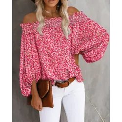 Pink Ditsy Floral Print Off Shoulder Shirred Top