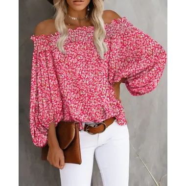 Pink Ditsy Floral Print Off Shoulder Shirred Top