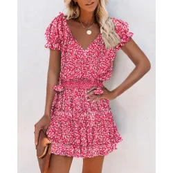 Pink Ditsy Floral Print Puff Sleeve Ruffles Casual Dress