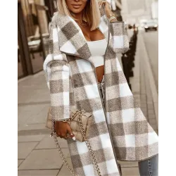 Plaid Pattern Fuzzy Longline Coat