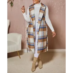 Plaid Print Belted Longline Vest Coat