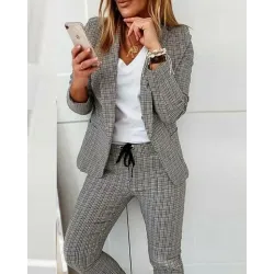 Plaid Print Blazer Coat & Drawstring Pants Set