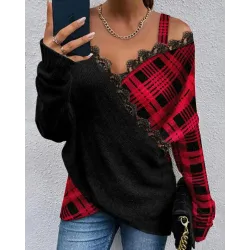 Plaid Print Contrast Lace Cold Shoulder Wrap Top