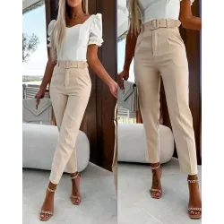 Plain High Waist Work Pants With Belt