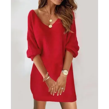 Plain V-Neck Fluffy Casual Dress