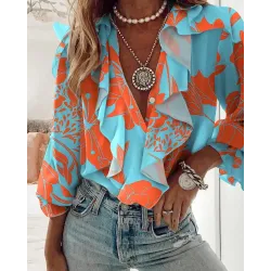 Plants Print Flounce Sleeve Ruffle Hem Top