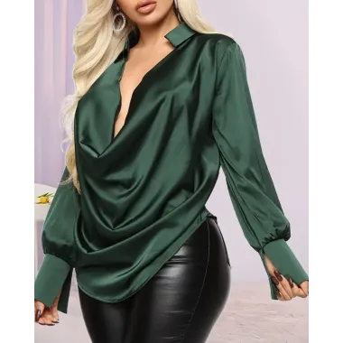 Plunge Long Sleeve Ruched Satin Shirt