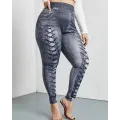 Plus Size Faux Denim Printed High Waist Leggings