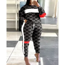 Plus Size Geometric Print Colorblock Sweatshirt & Striped Sweatpants Set