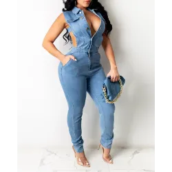 Pocket Button Design Cutout Denim Jumpsuit