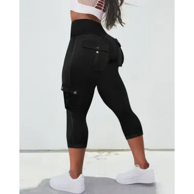 Pocket Design High Waist Capris Sports Leggings