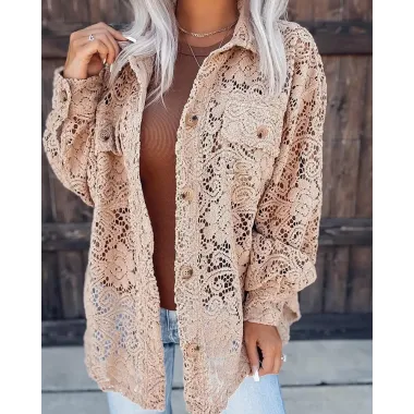 Pocket Design Hollow Out Lace Top