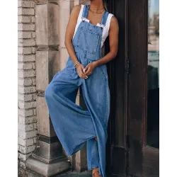 Pocket Design Wide Leg Denim Suspender Jumpsuit