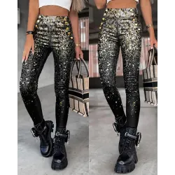 Print Button Decor High Waist Skinny Pants