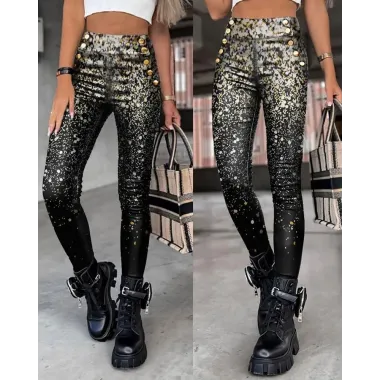 Print Button Decor High Waist Skinny Pants